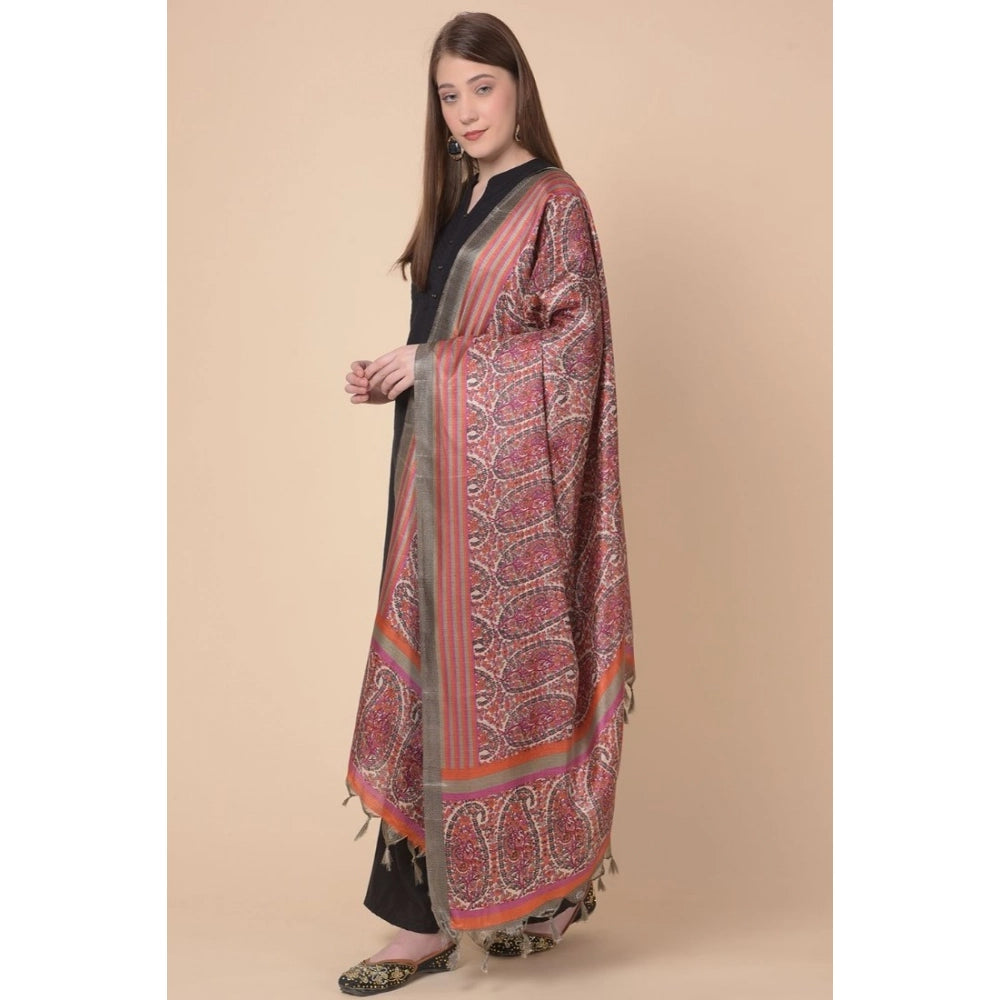 Generic Women's Art Silk Printed Dupatta (Grey, Length: 2.25 to 2.50 Mtr)