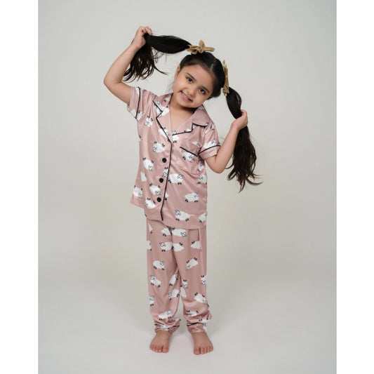 Generic Girl's Silk Bleand Printed Short Sleeve Night Suit Set (Brown)