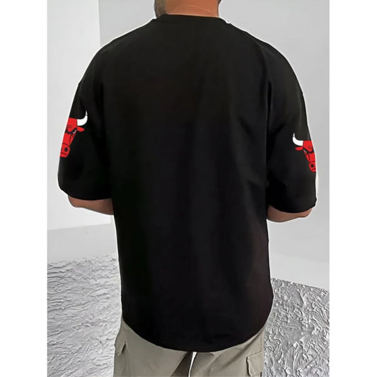 Generic Men's Casual Cotton Blend Printed Round Neck Half Sleeve T-Shirt (Black)