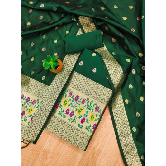 Generic Women's Banarasi Silk Printed Unstitched Salwar Suit Material With Dupatta (Bottle Green, 3Mtrs)
