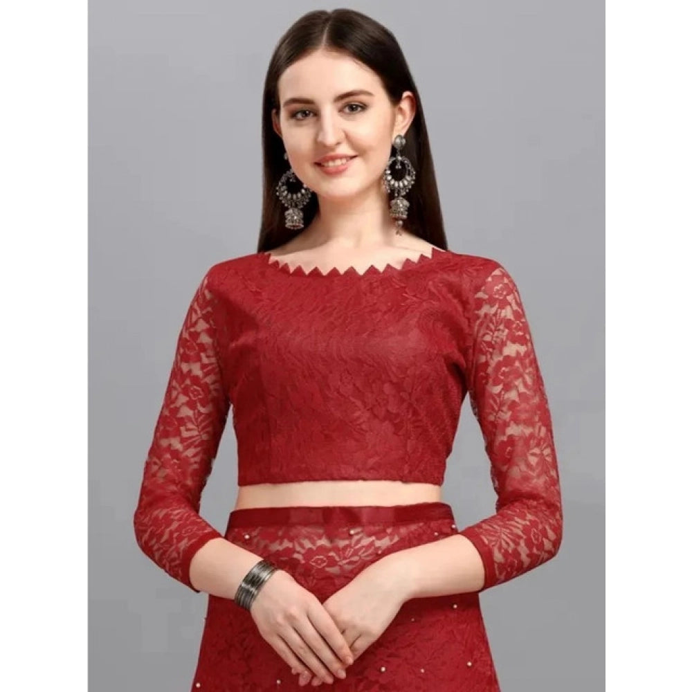 Generic Women's Net Self Design Saree With Unstitched Blouse 5.5Mtr (Maroon)