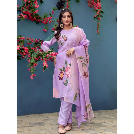 Generic Women's Cotton Blend Printed Kurti With Pant Dupatta Set (Lavender)