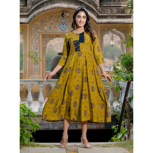 Generic Women's Rayon Print With Embroidery Work A-Line Kurti (Mehendi)