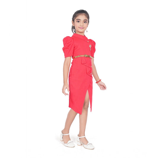 Generic Girl's Cotton Lycra Soild Short Sleeve Close Neck Dress (Pink)
