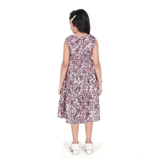 Generic Girl's Digital Slub Printed Sleeve Less Round Neck Dress (Brown)