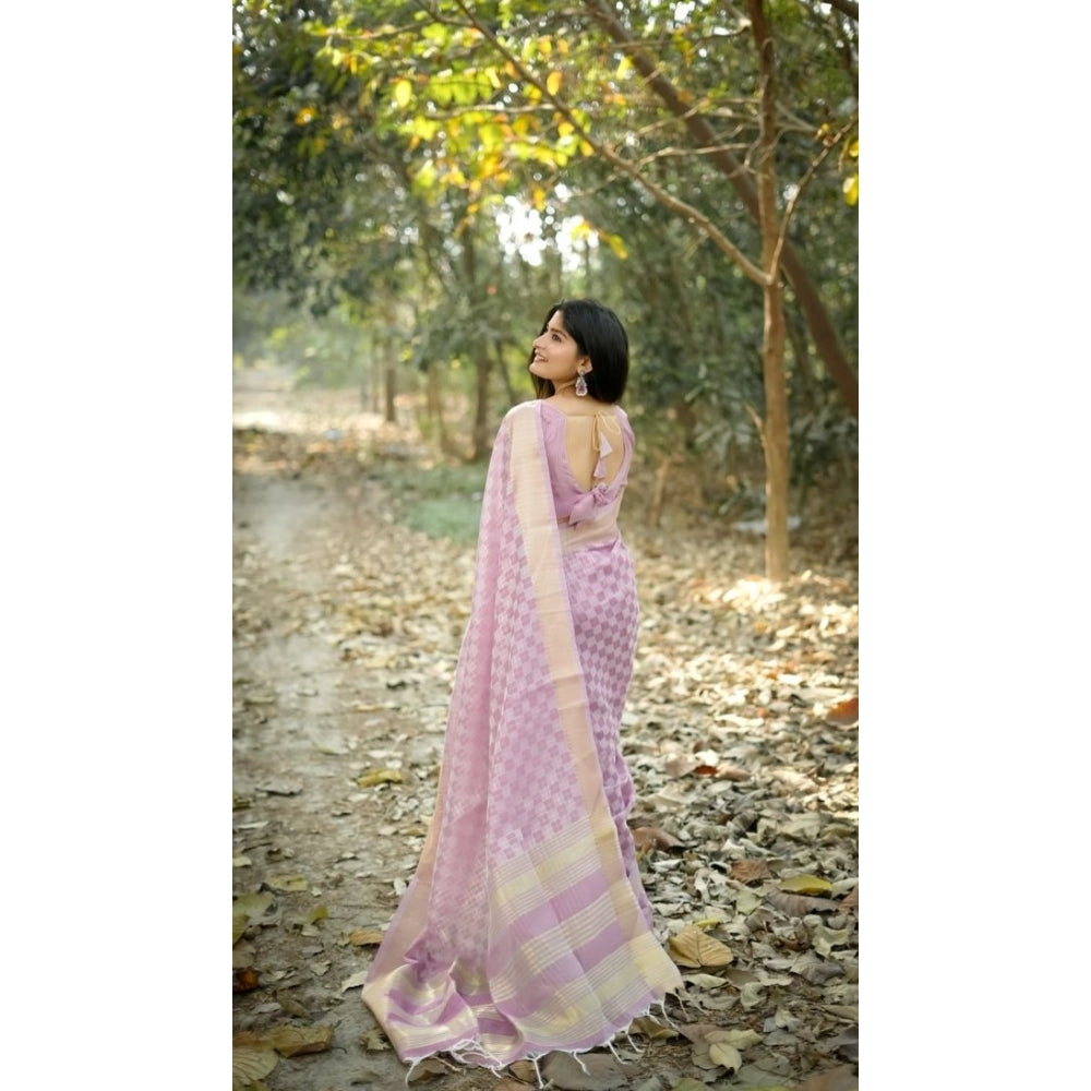 Generic Women's Silk_Blend Checked Saree With Unstitched Blouse 5.5Mtr (Lavender)