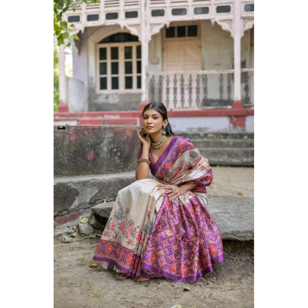 Generic Women's Faux_Tussar Floral Jal With Patola Print Saree With Unstitched Blouse 5.5Mtr (Lavender)