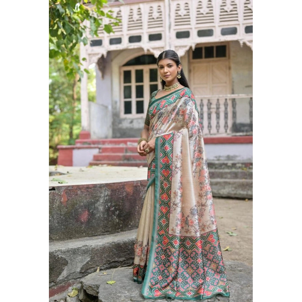 Generic Women's Faux_Tussar Floral Jal With Patola Print Saree With Unstitched Blouse 5.5Mtr (Teal)