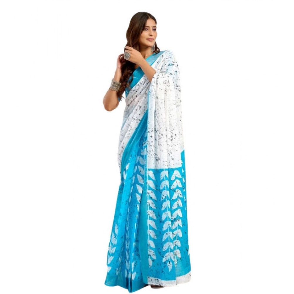 Generic Women's Faux Linen Leaf Print Ready to wear Saree With Unstitched Blouse 5.5Mtr (SkyBlue & White)