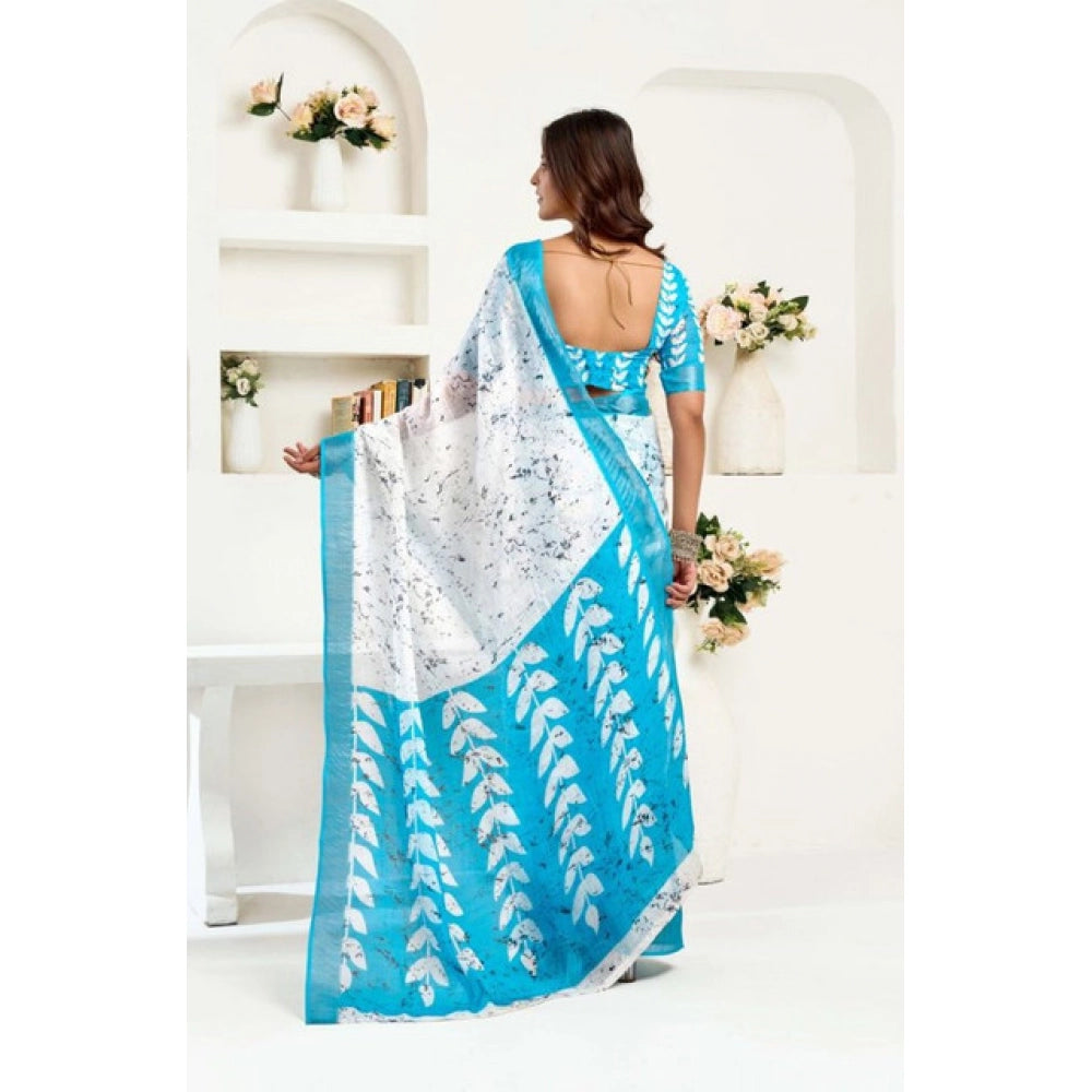 Generic Women's Faux Linen Leaf Print Ready to wear Saree With Unstitched Blouse 5.5Mtr (SkyBlue & White)
