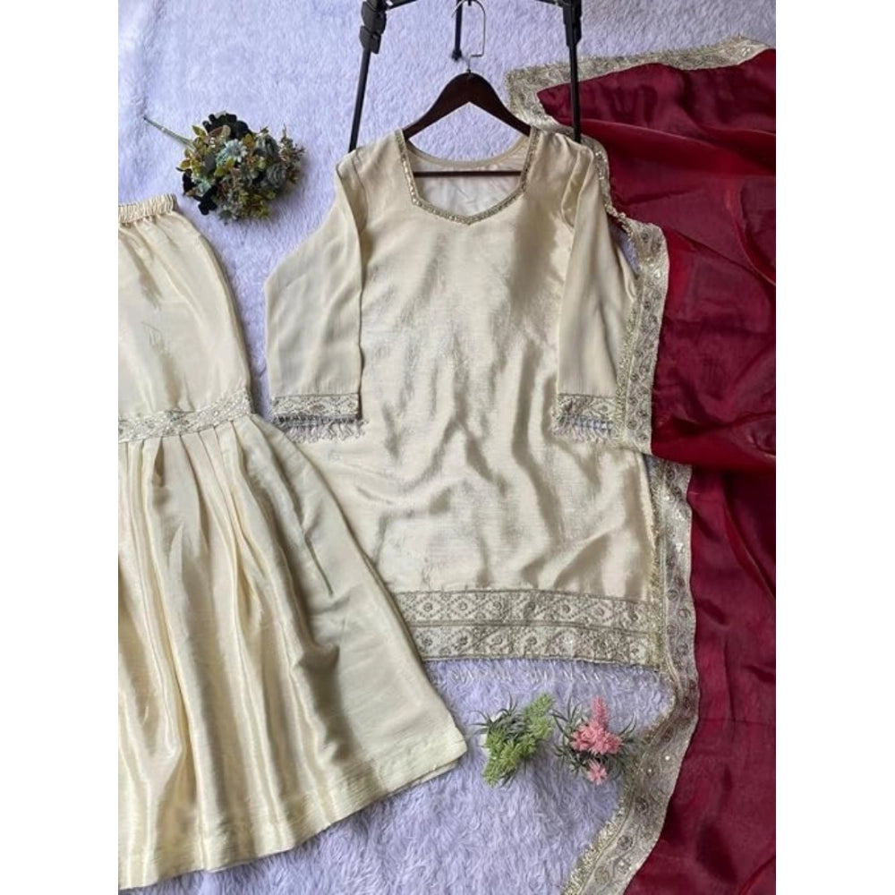 Generic Women's Silk Embroidered 3/4th Sleeve V-Neck Kurti With Sharara Pant and Dupatta Set (Cream & Brown)
