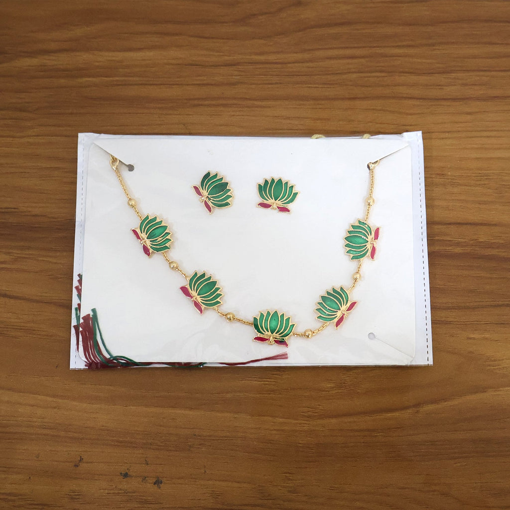 Traditional Green & Lotus Motif Jewellery Set