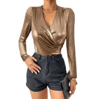 Elegant Party-Style Shiny V-Neck Pleated Top