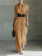 Chic Collared Button-Down Shirt Dress With Belt