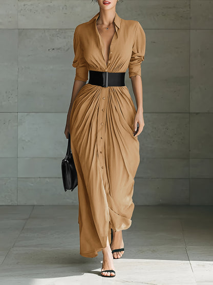 Chic Collared Button-Down Shirt Dress With Belt