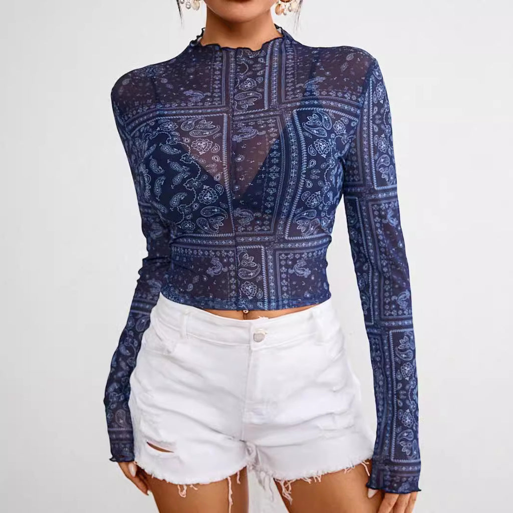 Women's Mesh Printed Long-Sleeve Top