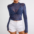 Women's Mesh Printed Long-Sleeve Top