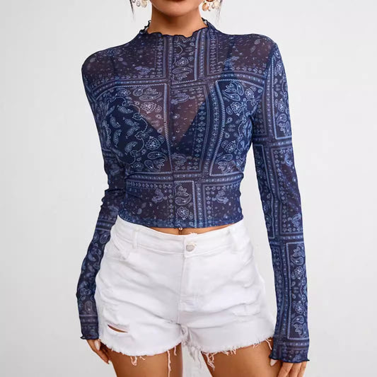 Women's Mesh Printed Long-Sleeve Top