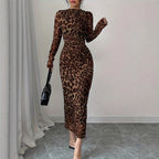 European And American Leopard-Print Fashion Long-Sleeve Dress