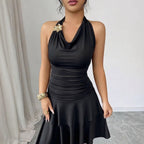 Metal-clasp Pleated Figure-flattering Sheath Dress