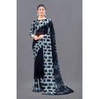 Generic Women's Satin Patta Printed Saree With Unstitched Blouse (Black)