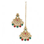 Generic Women's Rose Gold Plated Alloy Kundan Earrings &amp; Mangtikka (Red &amp; Green)