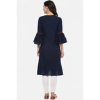 Generic Women's Casual Bell Sleeves Solid Cotton Slub Kurti (Blue)