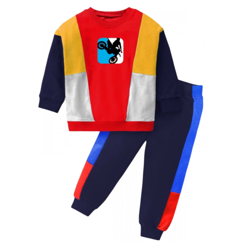 Generic Boy's Casual Full Sleeve Printed Cotton T Shirt With Pant (Red)