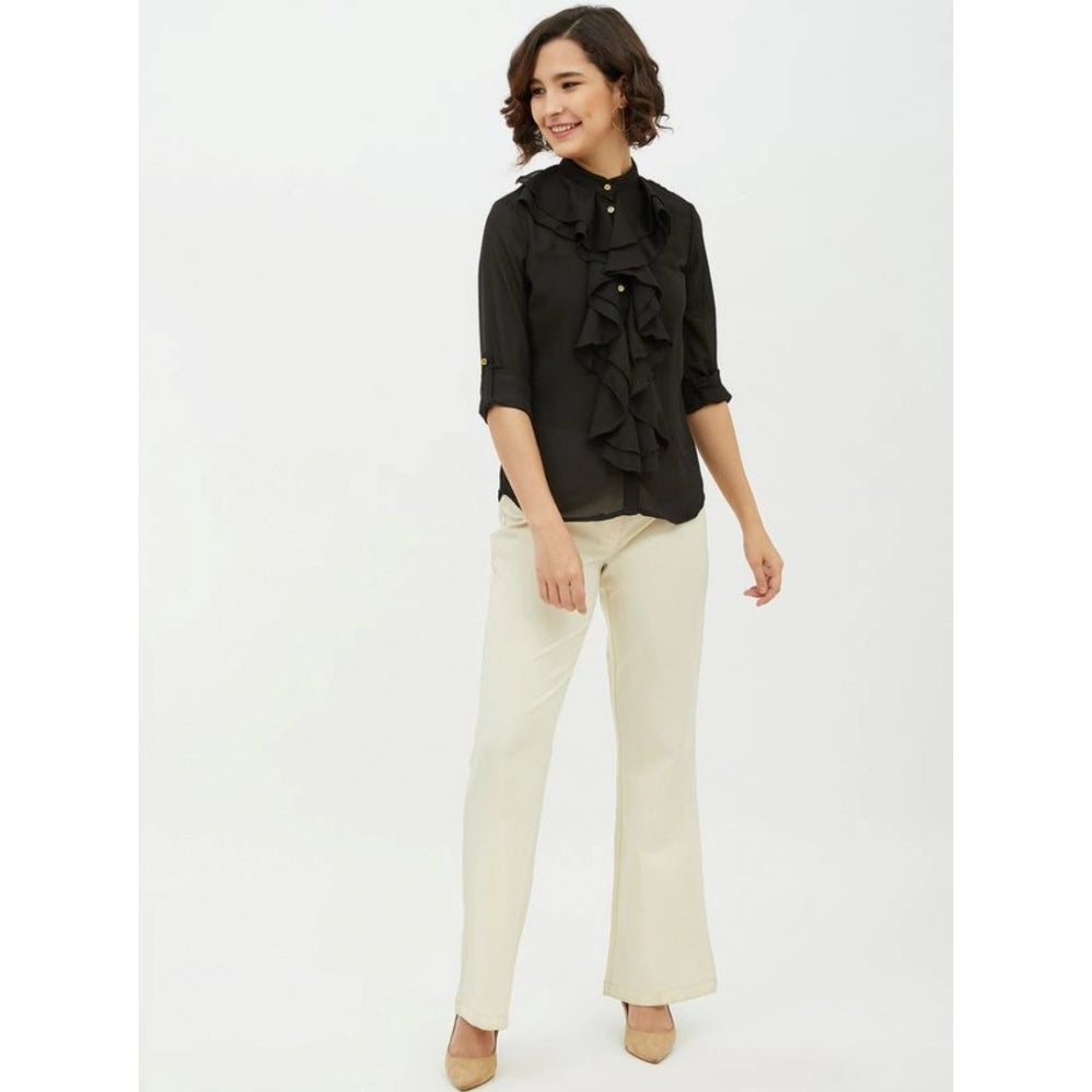 Generic Women's Polyester Ruffled Long Sleeves Standard Length Shirt (Black)
