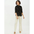 Generic Women's Polyester Ruffled Long Sleeves Standard Length Shirt (Black)