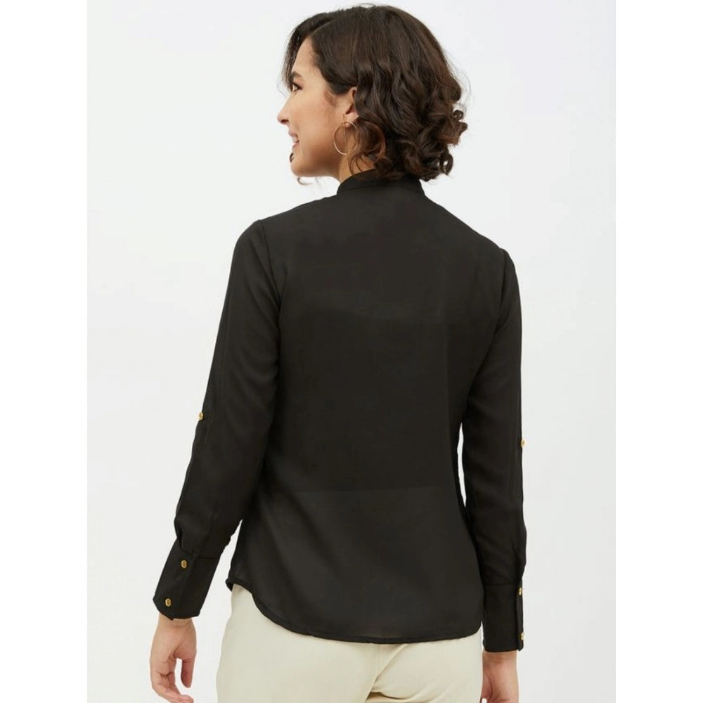 Generic Women's Polyester Ruffled Long Sleeves Standard Length Shirt (Black)