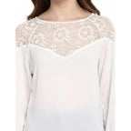 Generic Women's Polyester Georgette Self Design 3-4th Sleeves Regular Top (White)