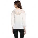 Generic Women's Polyester Georgette Self Design 3-4th Sleeves Regular Top (White)