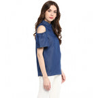 Generic Women's Denim Solid Cold Shoulder Regular Top (Blue)
