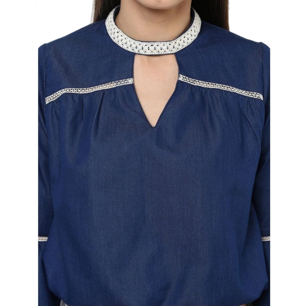 Generic Women's Polyester Solid Bell Sleeve Regular Top (Blue)