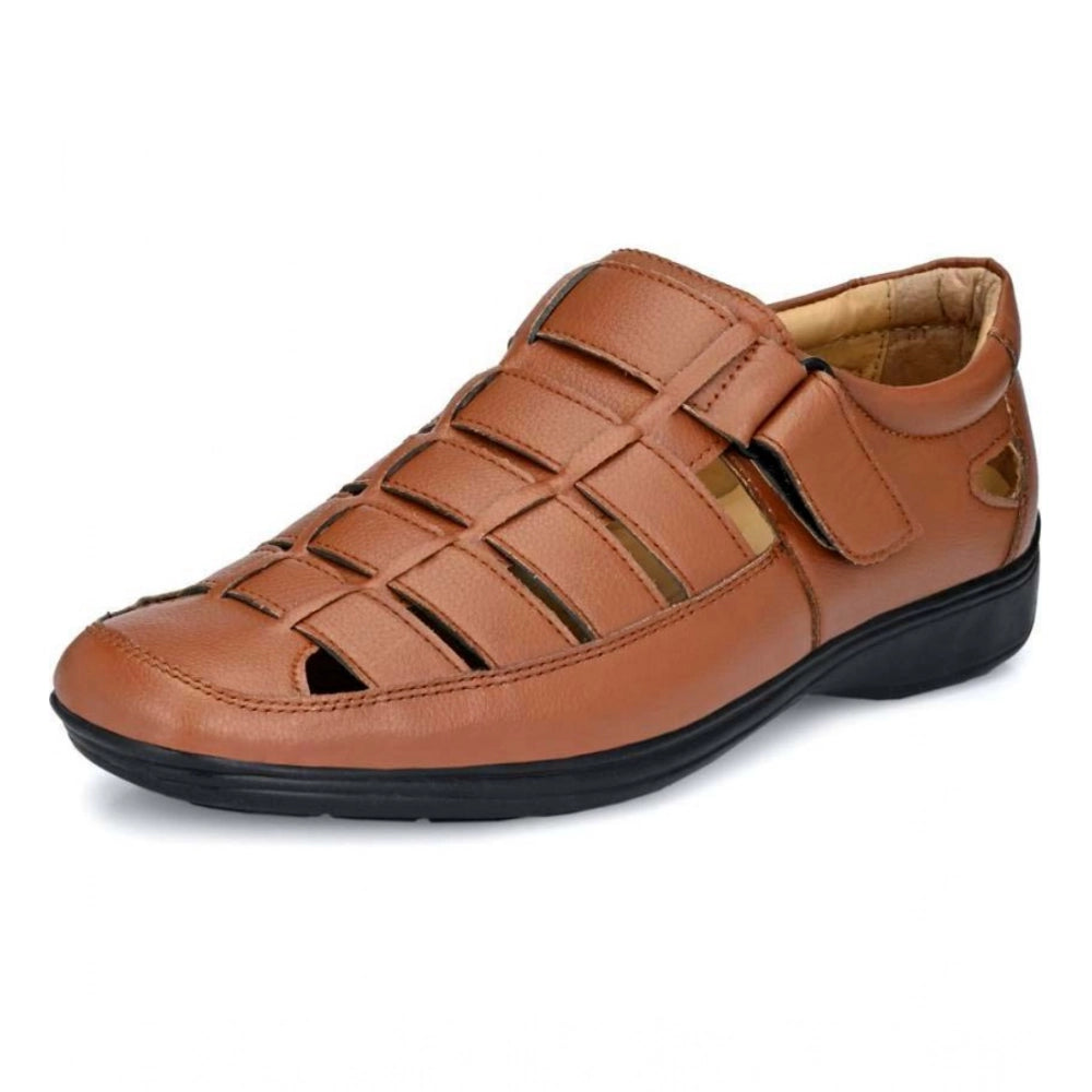 Generic Men's Casual Faux Leather Solid Velcro Sandal (Tan)