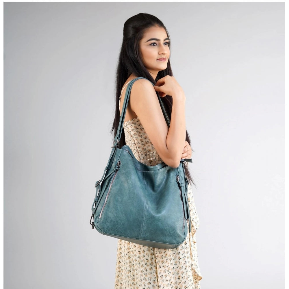 Generic Women's PU Leather Medium Shoulder Zipper Handbag (Blue)