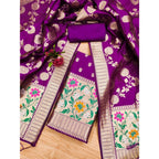 Generic Women's Banarasi Silk Printed Unstitched Salwar Suit Material With Dupatta (Purple, 3Mtrs)