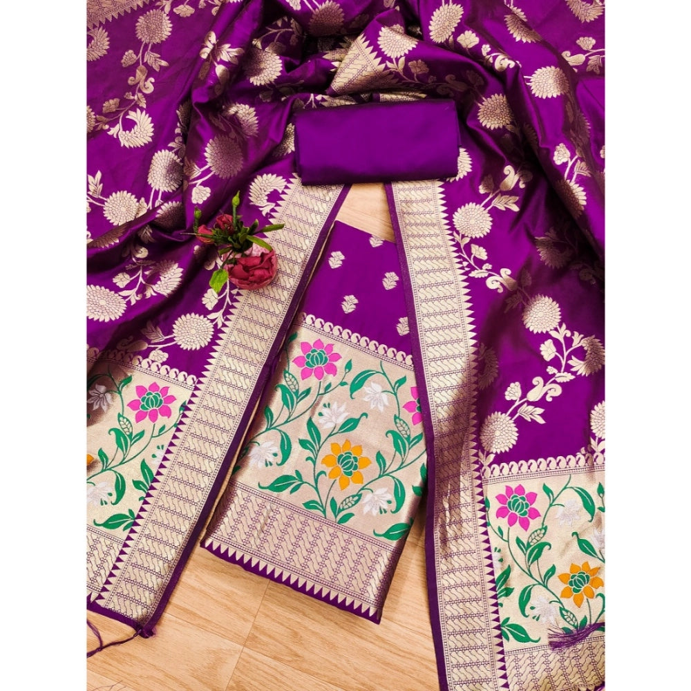 Generic Women's Banarasi Silk Printed Unstitched Salwar Suit Material With Dupatta (Purple, 3Mtrs)