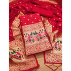 Generic Women's Banarasi Silk Printed Unstitched Salwar Suit Material With Dupatta (Red, 3Mtrs)