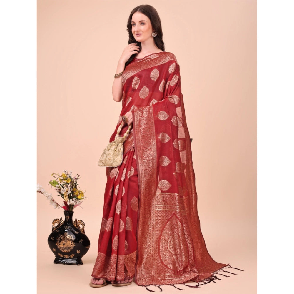 Generic Women's Cotton Printed Saree With Unstitched Blouse 5.5Mtr (Maroon)