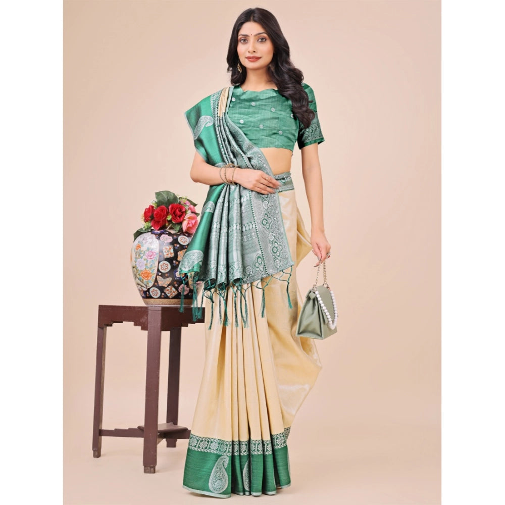 Generic Women's Lichi Silk Printed Saree With Unstitched Blouse 5.5Mtr (Cream)