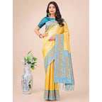 Generic Women's Lichi Silk Printed Saree With Unstitched Blouse 5.5Mtr (Yellow)