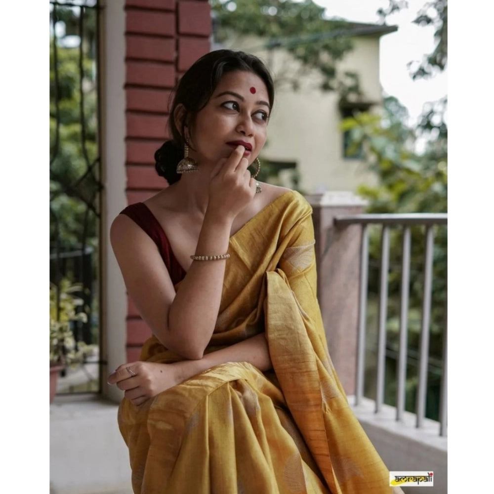 Generic Women's Silk Printed Saree With Unstitched Blouse 5.5Mtr (Yellow)