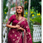 Generic Women's Silk Printed Saree With Unstitched Blouse 5.5Mtr (Wine)