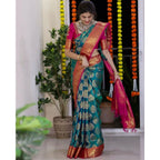 Generic Women's Silk Printed Saree With Unstitched Blouse 5.5Mtr (Teal Blue)