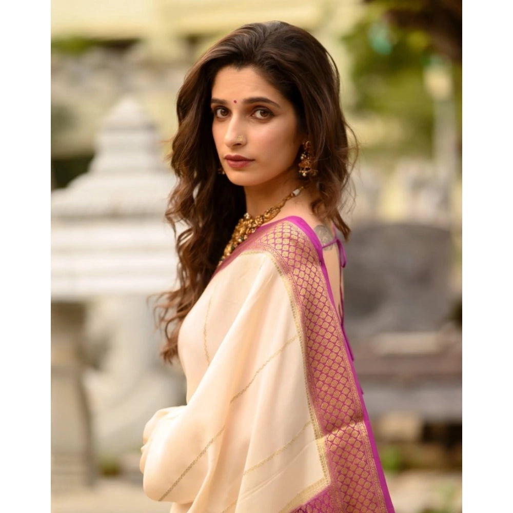 Generic Women's Silk Printed Saree With Unstitched Blouse 5.5Mtr (Off White-Pink)