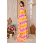 Generic Women's Small Lace Georgette Striped Ready-to-Wear Saree With Unstitched Blouse 5.5 Mtr (Yellow-Pink)
