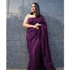 Generic Women's Georgette Embellished Sequnece Bollywood Saree With Unstitched Blouse 5.5Mtr (Purple)