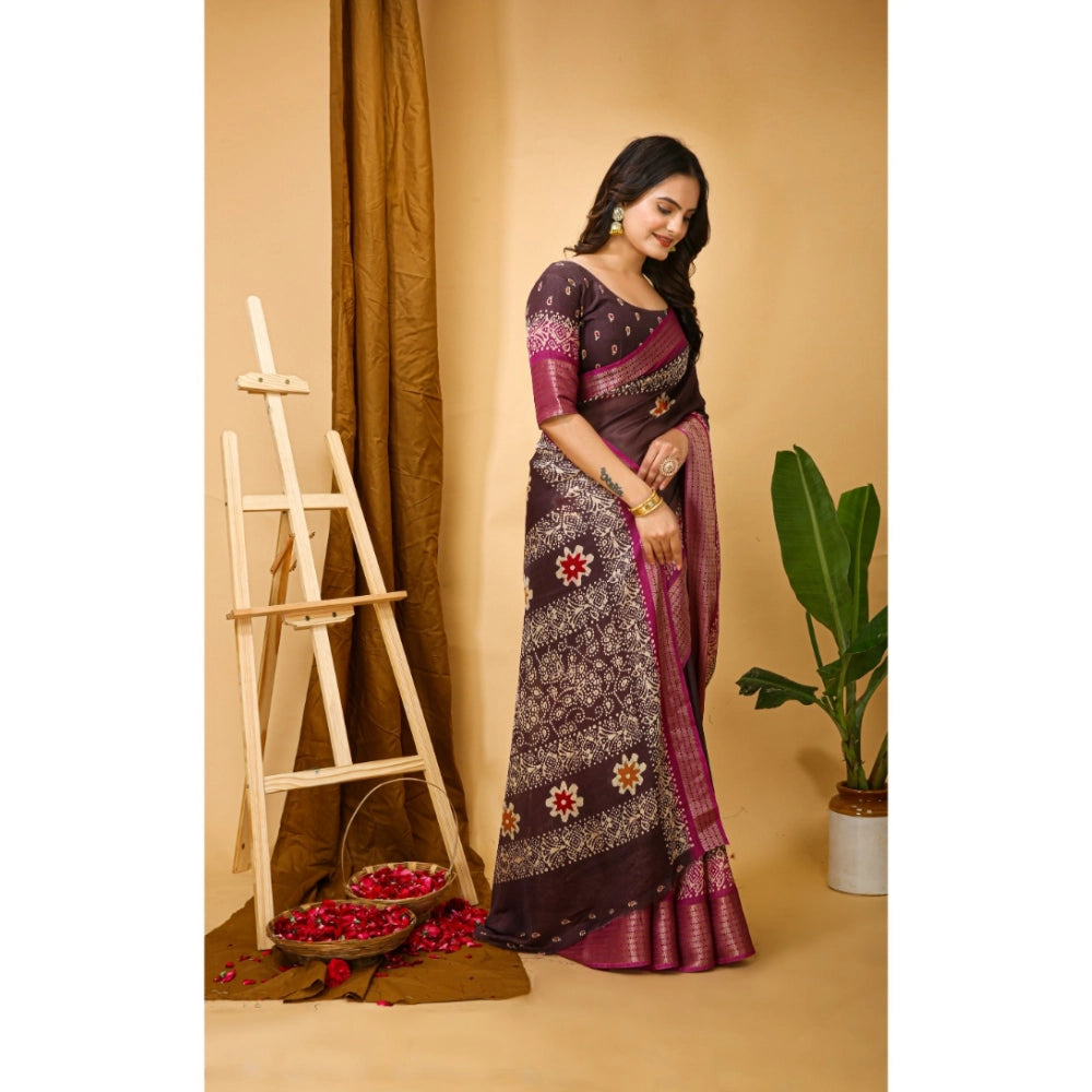 Generic Women's Soft Blooming Marshmallow Fabric Kalamkari Printed Saree With Unstitched Blouse 5.5Mtr (Maroon)